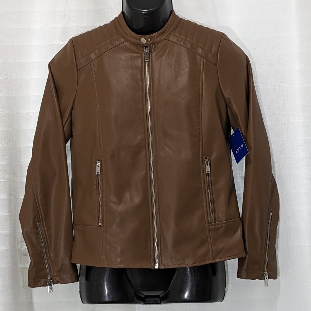 NEW APT 9 Womens Faux Brown Leather Jacket Moto Biker Coat Size Small Zip Front - Picture 2 of 13
